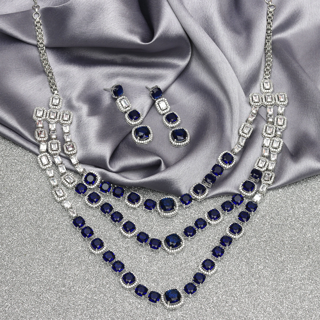 Multi-Layered Dark Blue Sapphire Stone Cubic Zirconia Necklace Set