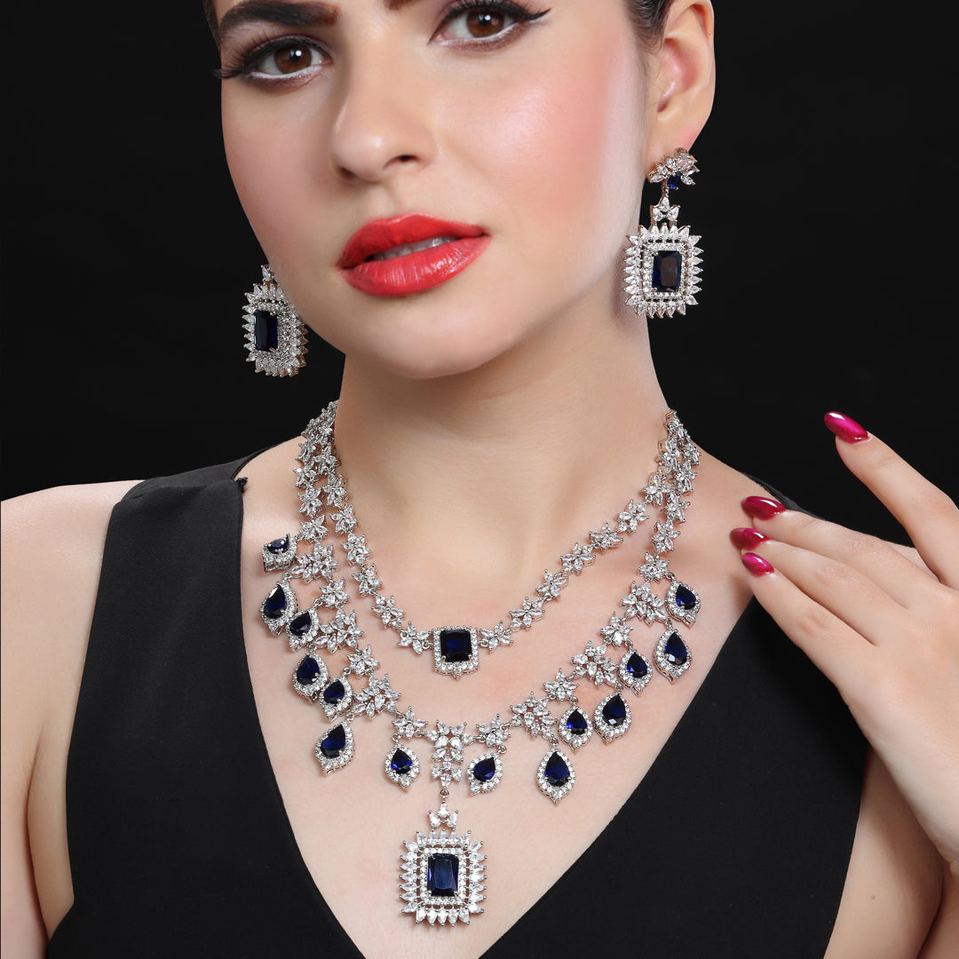 2-Teired Cubic Zirconia Necklace Set with Blue Sapphire Drops