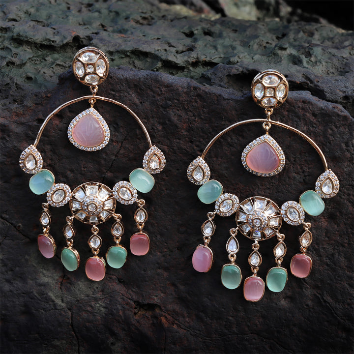 Gold Finished Kundan Polki Danglers with Pink and Mint Beads