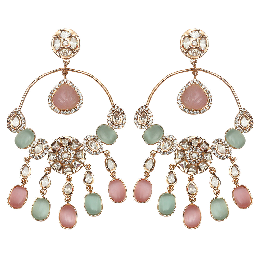 Gold Finished Kundan Polki Danglers with Pink and Mint Beads