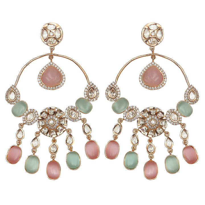 Gold Finished Kundan Polki Danglers with Pink and Mint Beads