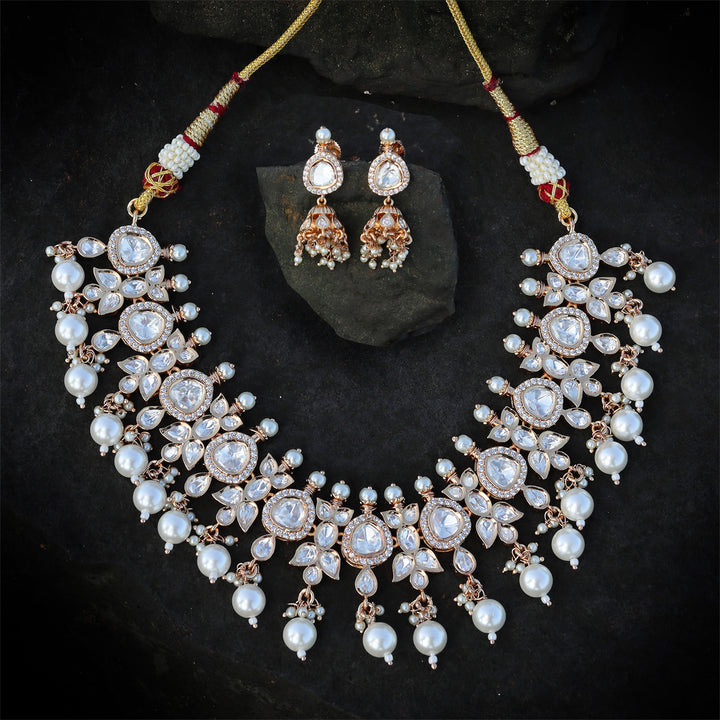 Gold Finished White Bead Kundan Polki Choker Set