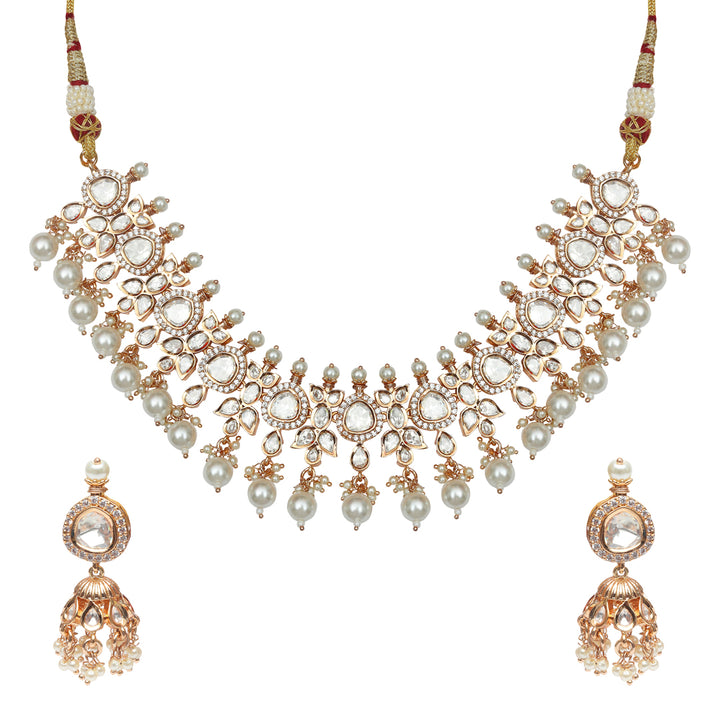 Gold Finished White Bead Kundan Polki Choker Set