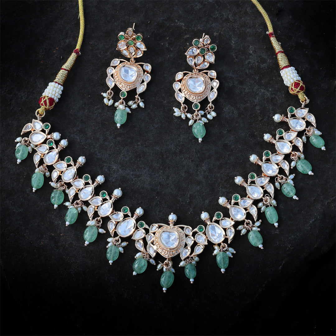 Gold Finished Mint Kundan Polki Choker Set