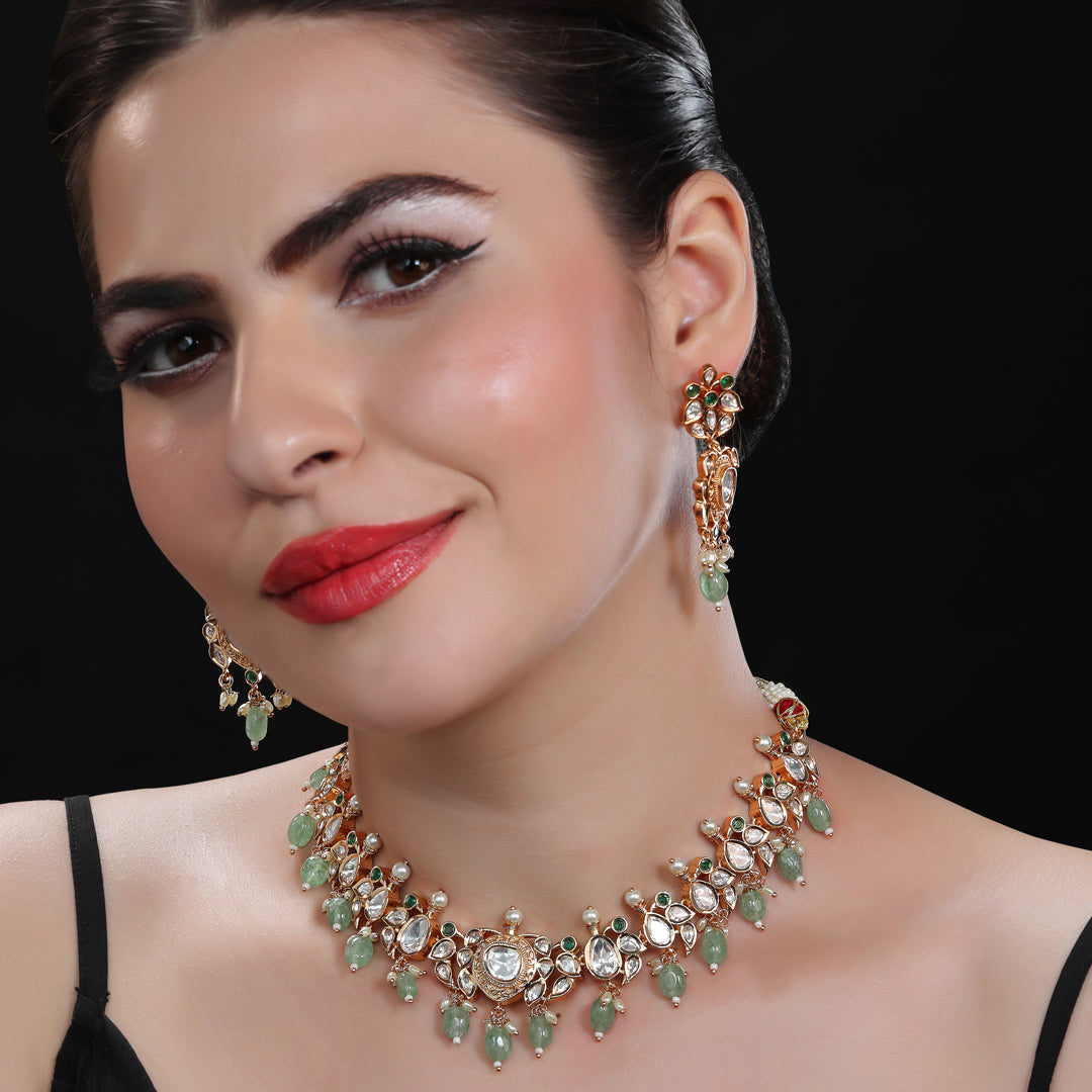 Gold Finished Mint Kundan Polki Choker Set