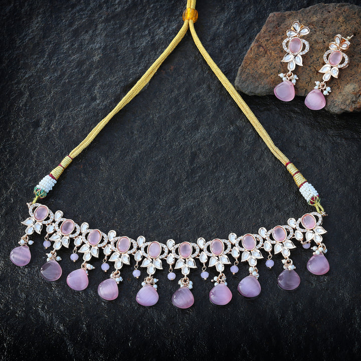 Gold Finished Pink Kundan Polki Choker Set with CZ Detail