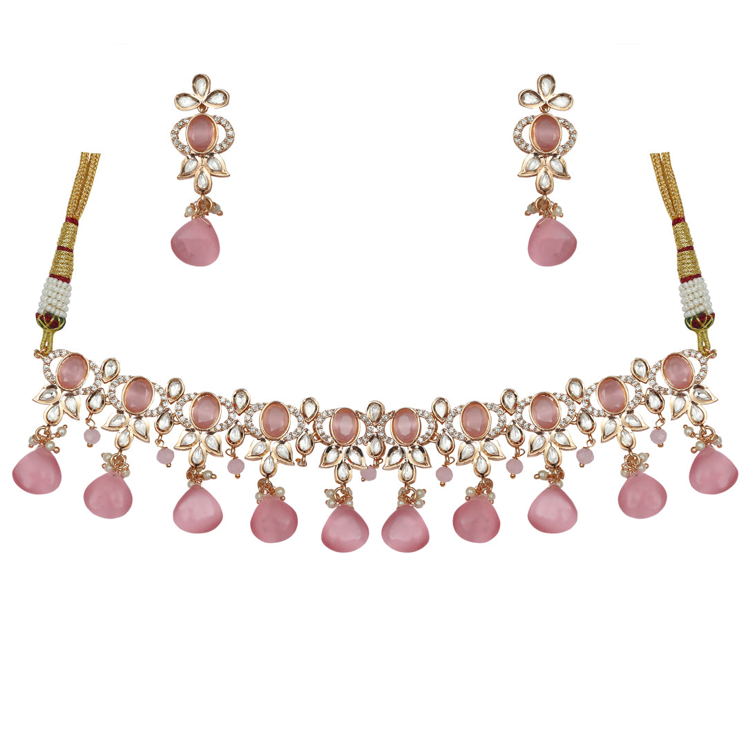 Gold Finished Pink Kundan Polki Choker Set with CZ Detail