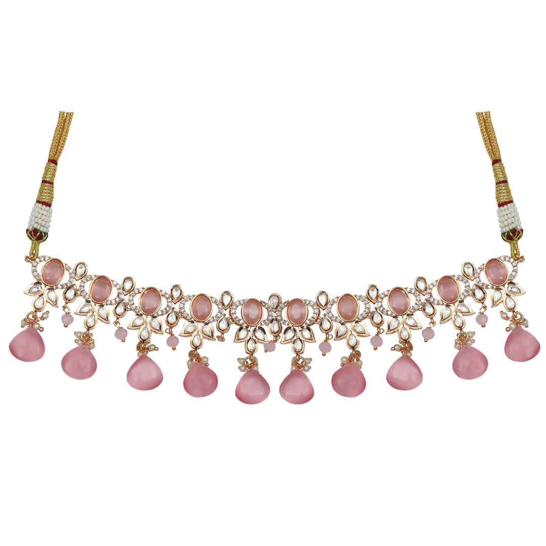 Gold Finished Pink Kundan Polki Choker Set with CZ Detail