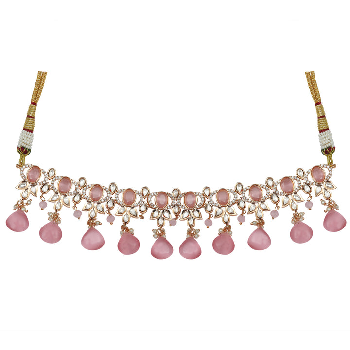 Gold Finished Pink Kundan Polki Choker Set with CZ Detail