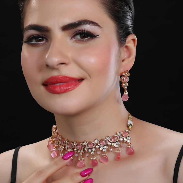 Gold Finished Pink Kundan Polki Choker Set with CZ Detail