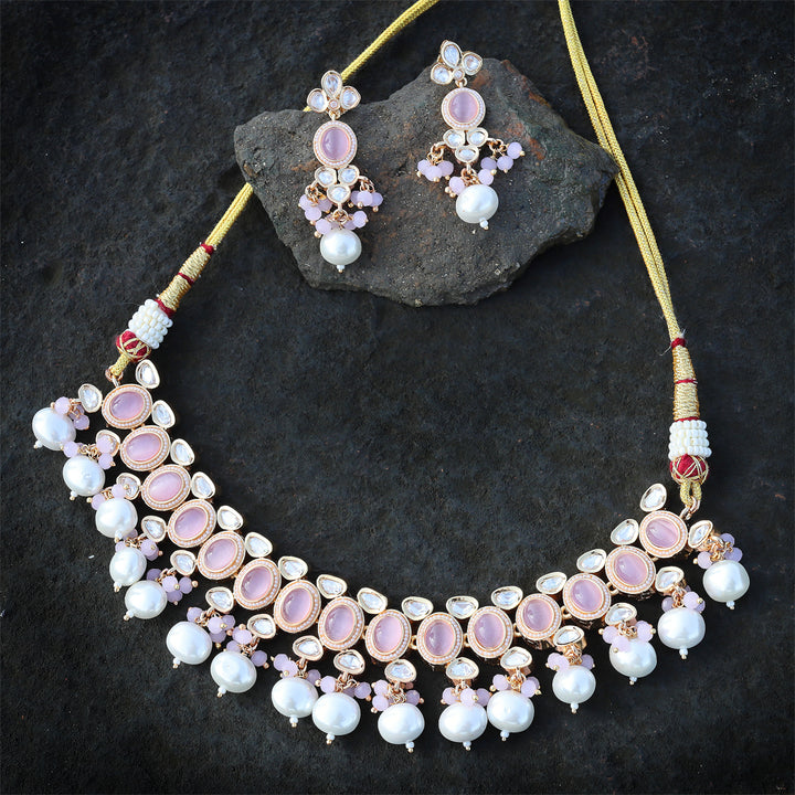 Gold Finished Pink Kundan Polki Choker Set