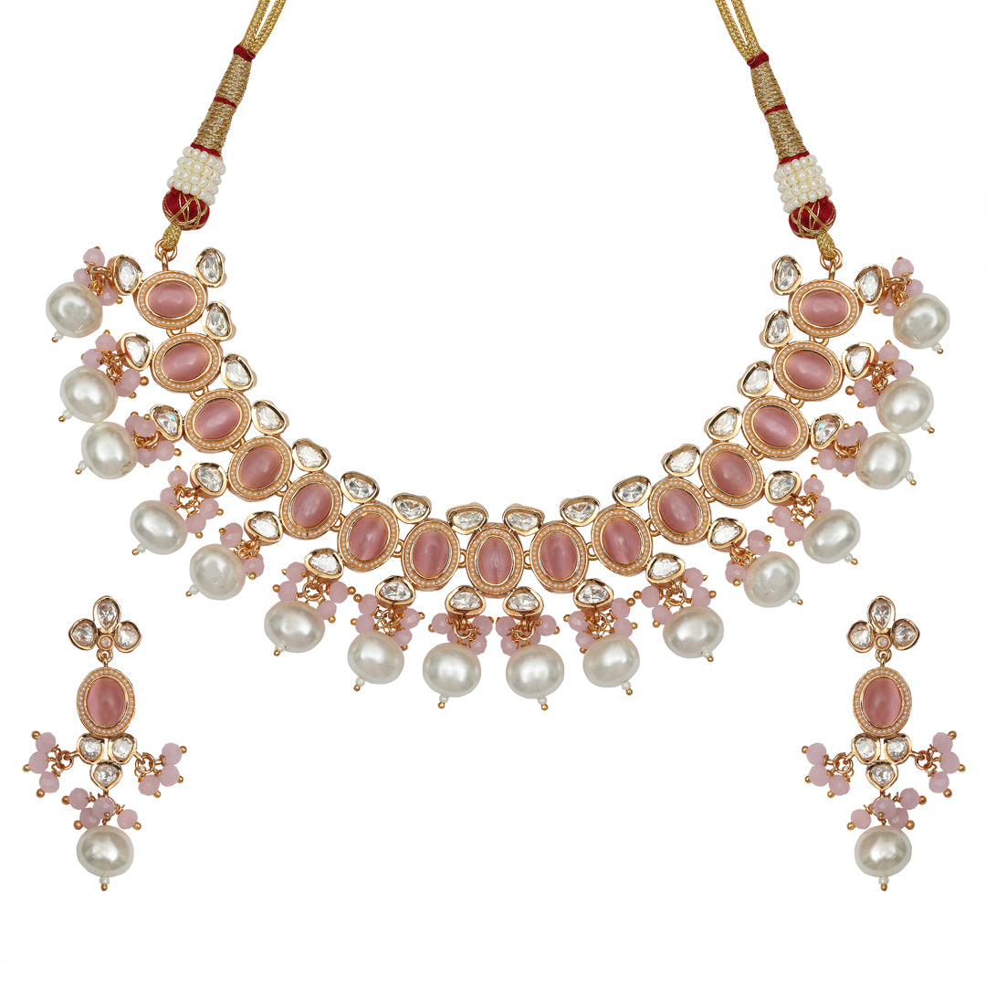 Gold Finished Pink Kundan Polki Choker Set