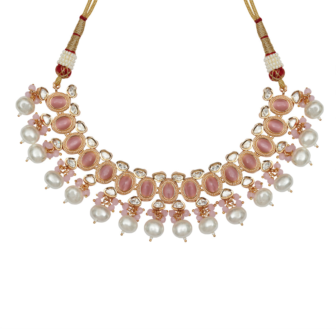 Gold Finished Pink Kundan Polki Choker Set