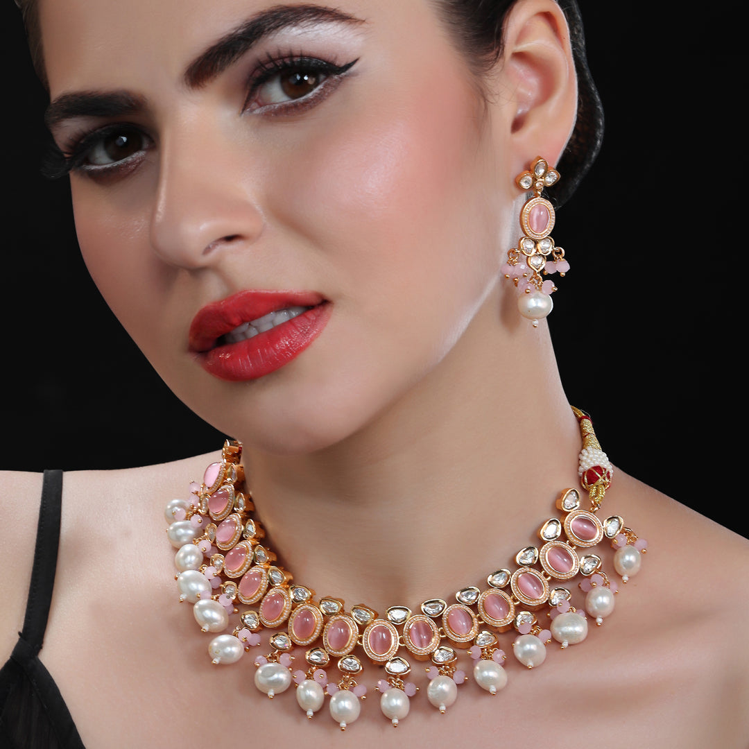 Gold Finished Pink Kundan Polki Choker Set