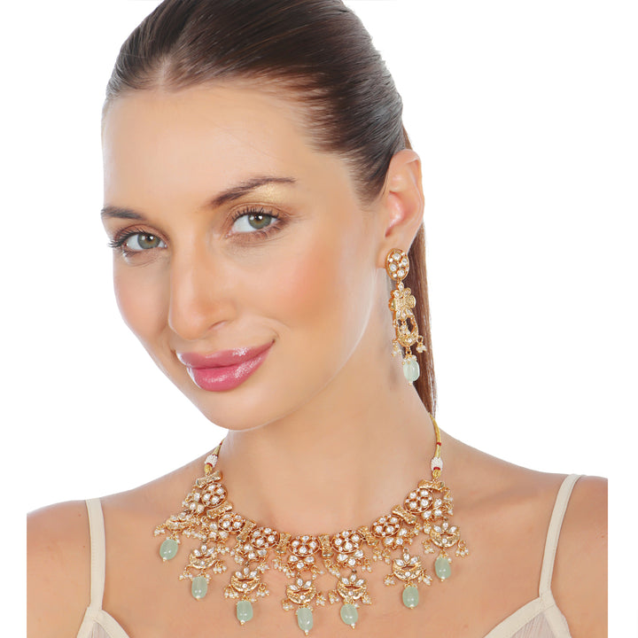 Kundan Choker Set with Mint and Blush Pink Beads