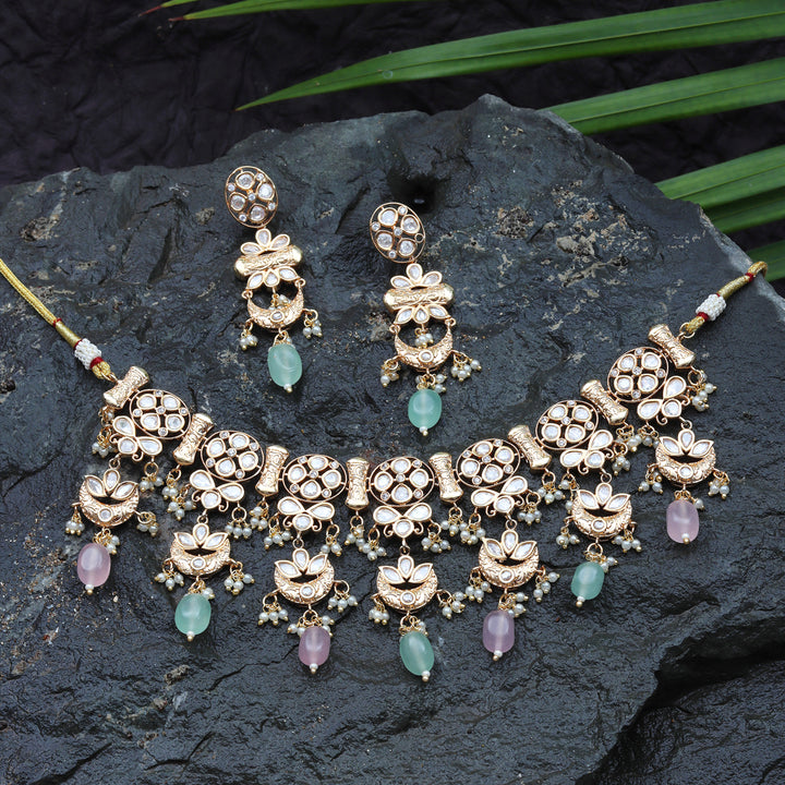 Kundan Choker Set with Mint and Blush Pink Beads