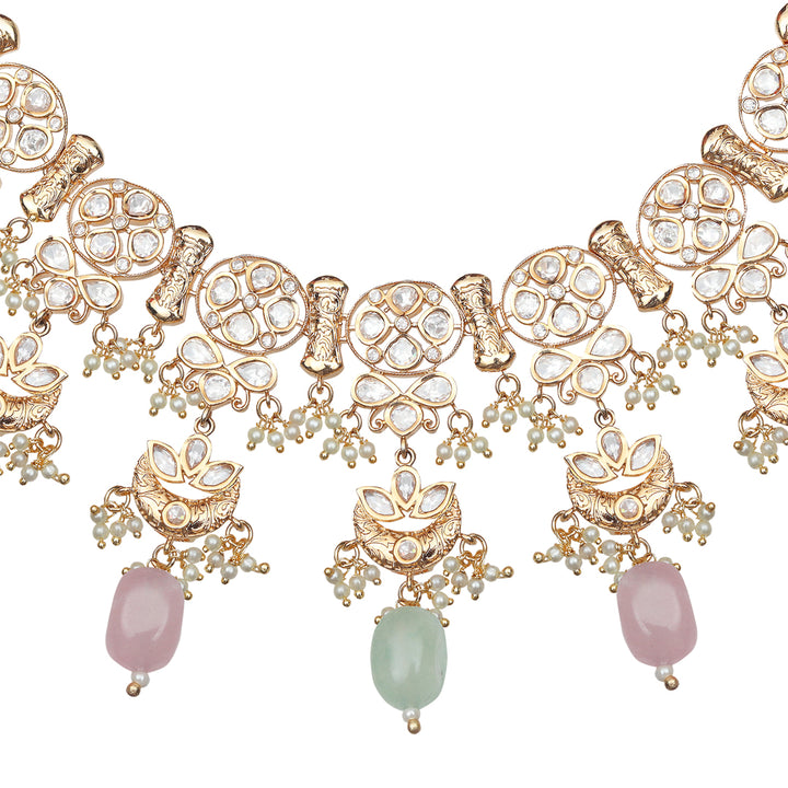 Kundan Choker Set with Mint and Blush Pink Beads