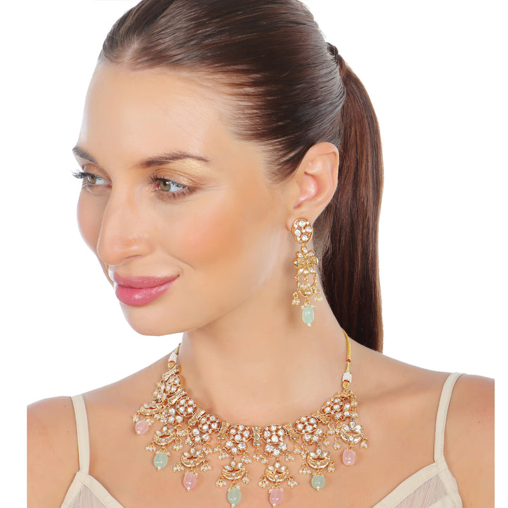 Kundan Choker Set with Mint and Blush Pink Beads