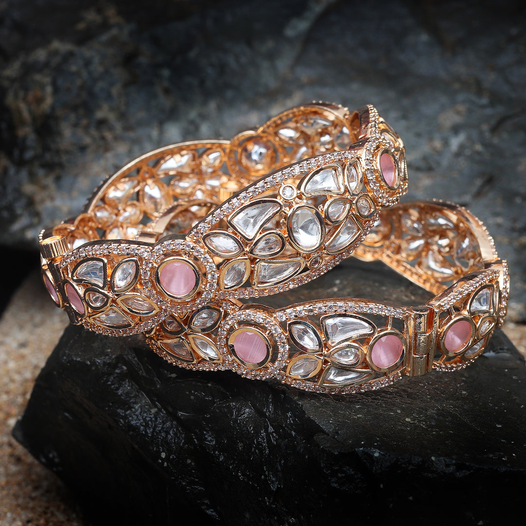 Assymetical Design Kundan Polki Pink Bangles Set