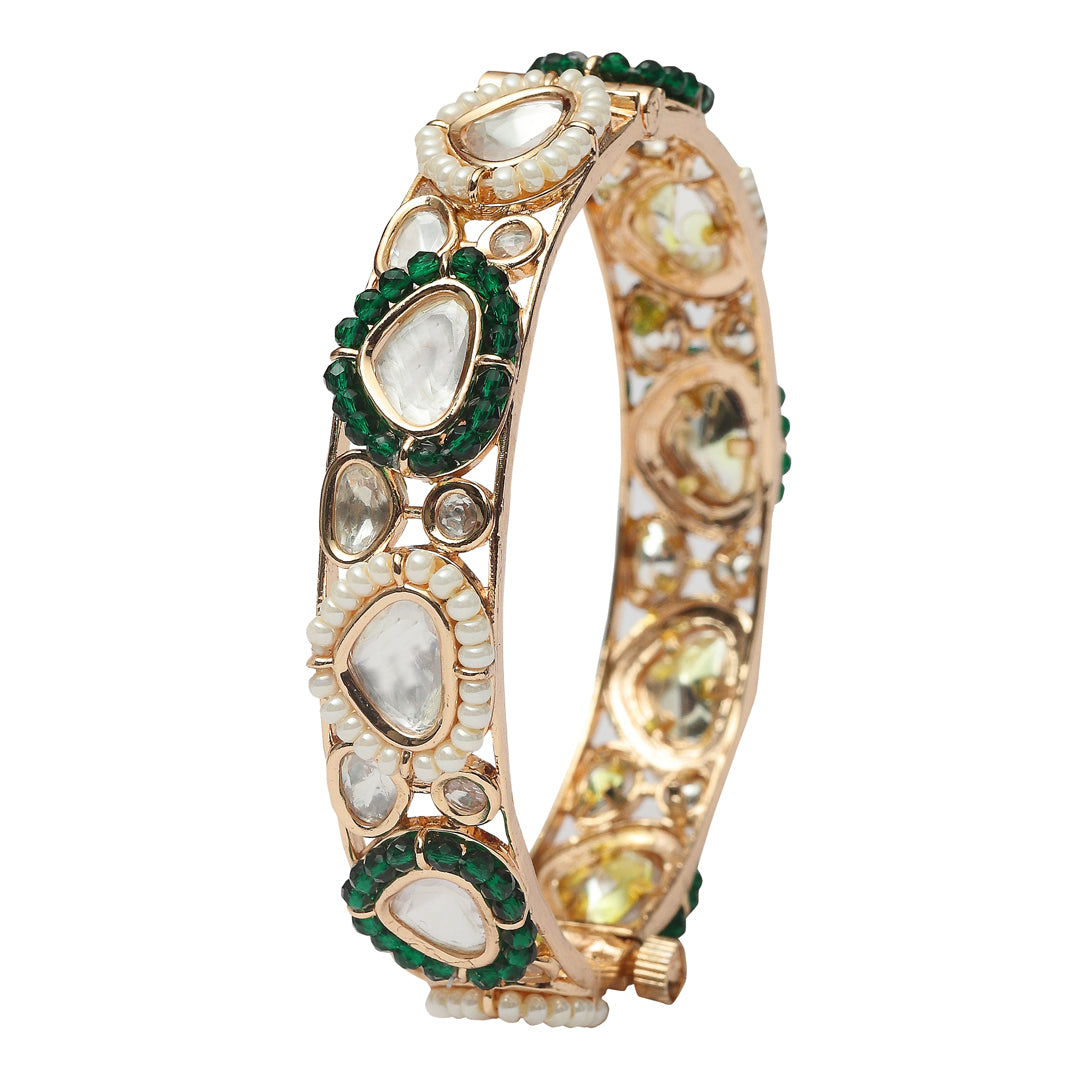 Gold Finished Green Kundan Polki Bangles Set