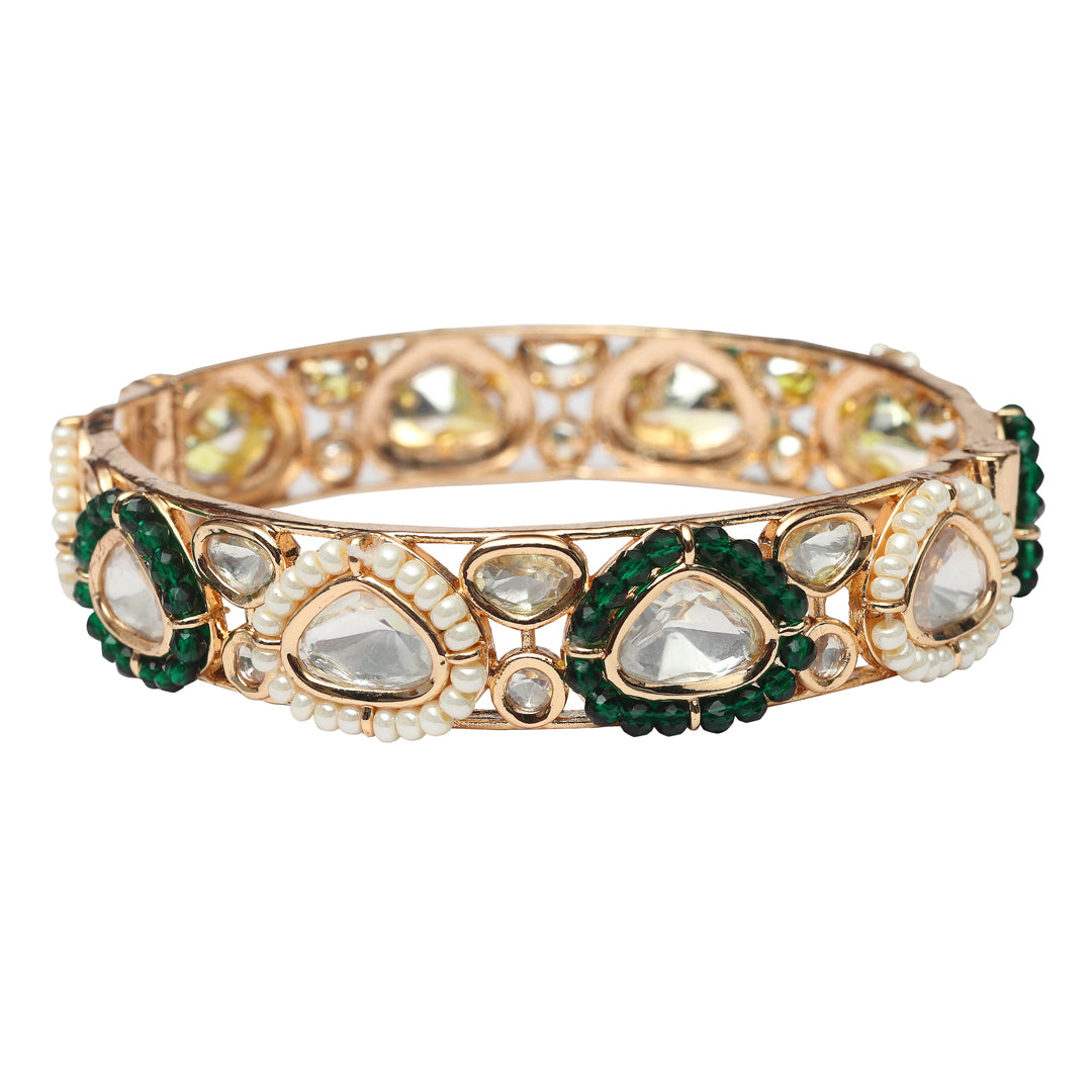 Gold Finished Green Kundan Polki Bangles Set