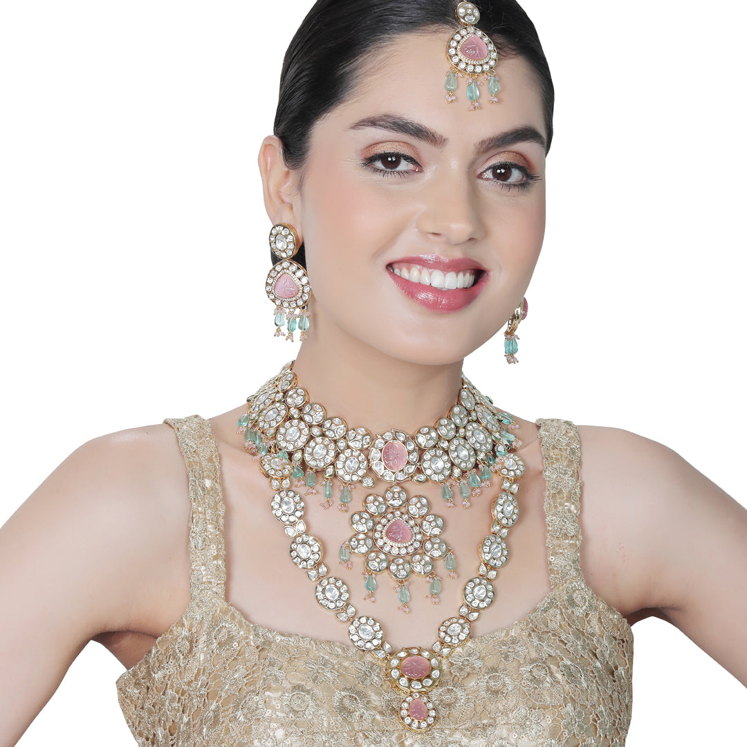 Gold finished Kundan and Polki Choker & Mala set with Pink and Phirozi stones