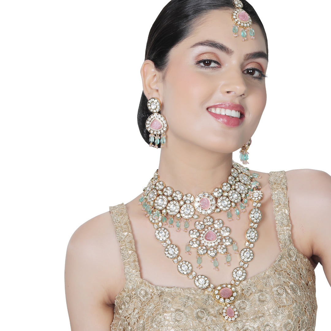 Gold finished Kundan and Polki Choker & Mala set with Pink and Phirozi stones