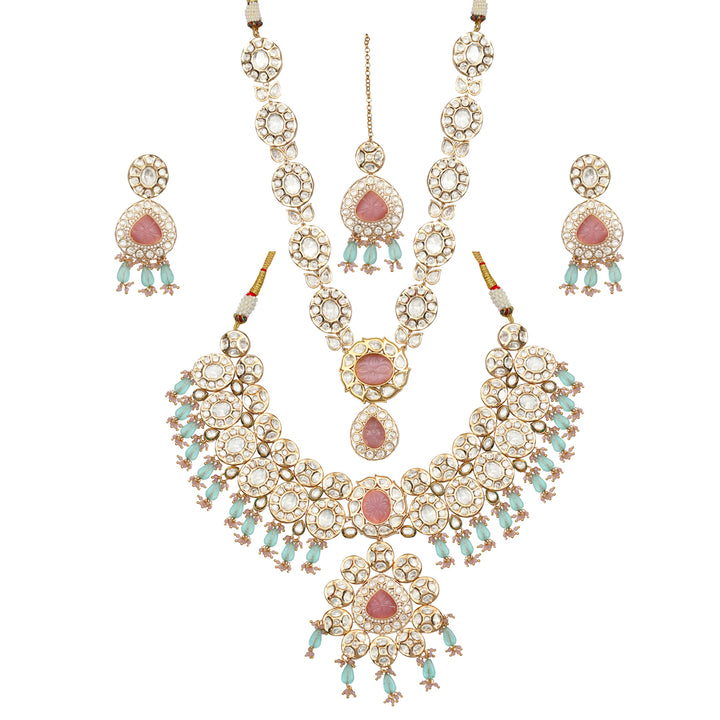 Gold finished Kundan and Polki Choker & Mala set with Pink and Phirozi stones