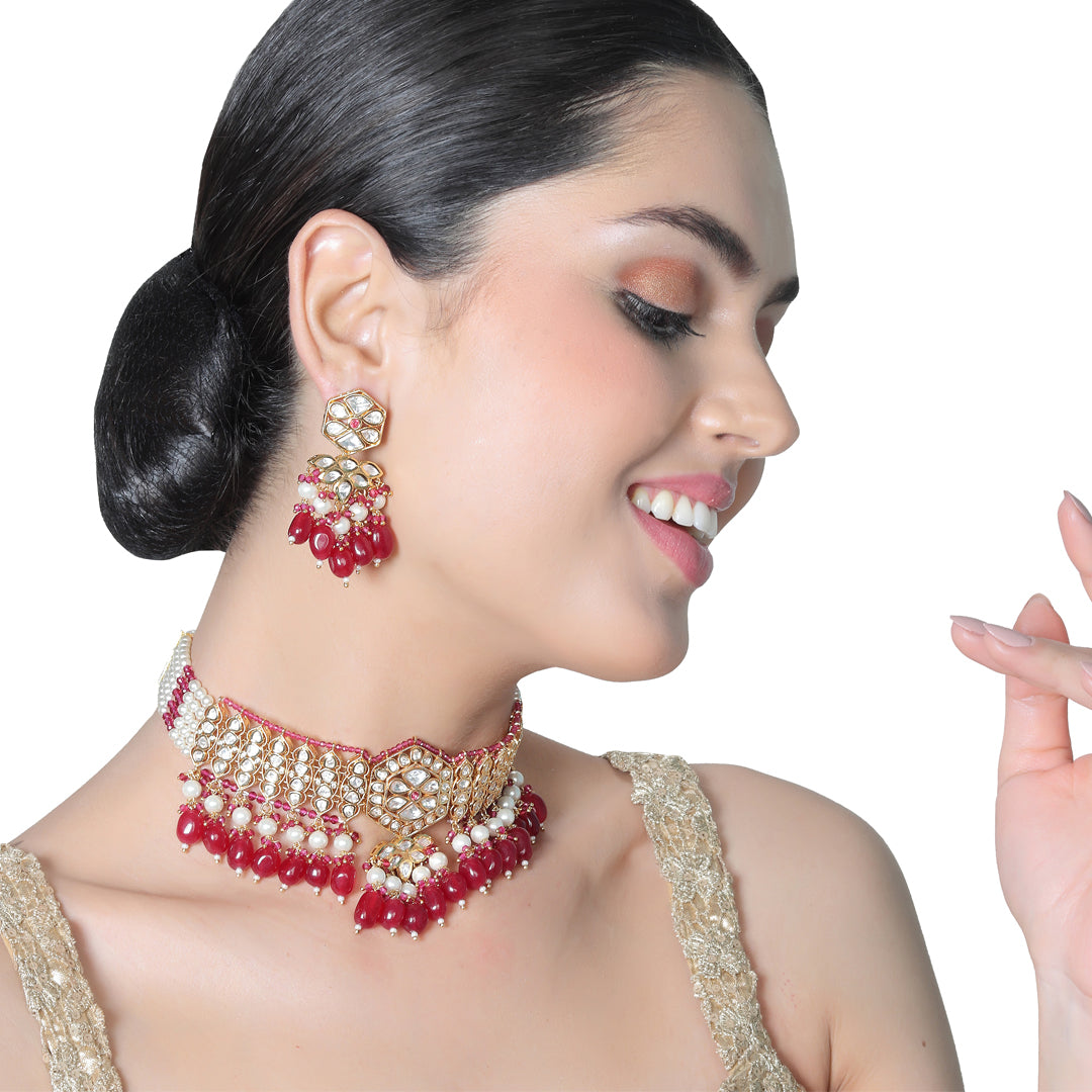 Kundan and Polki Choker set with Red & White beads.