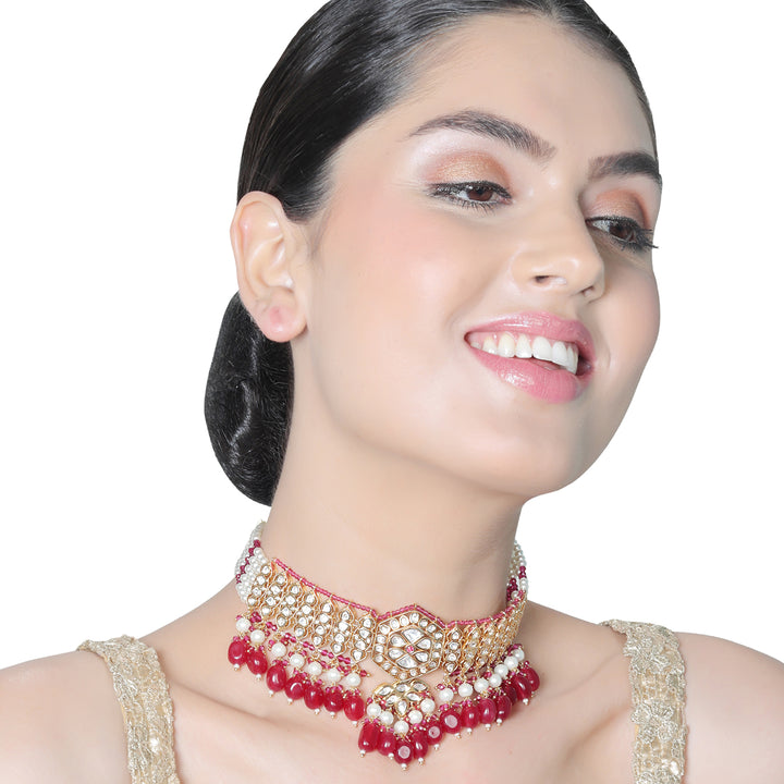 Kundan and Polki Choker set with Red & White beads.