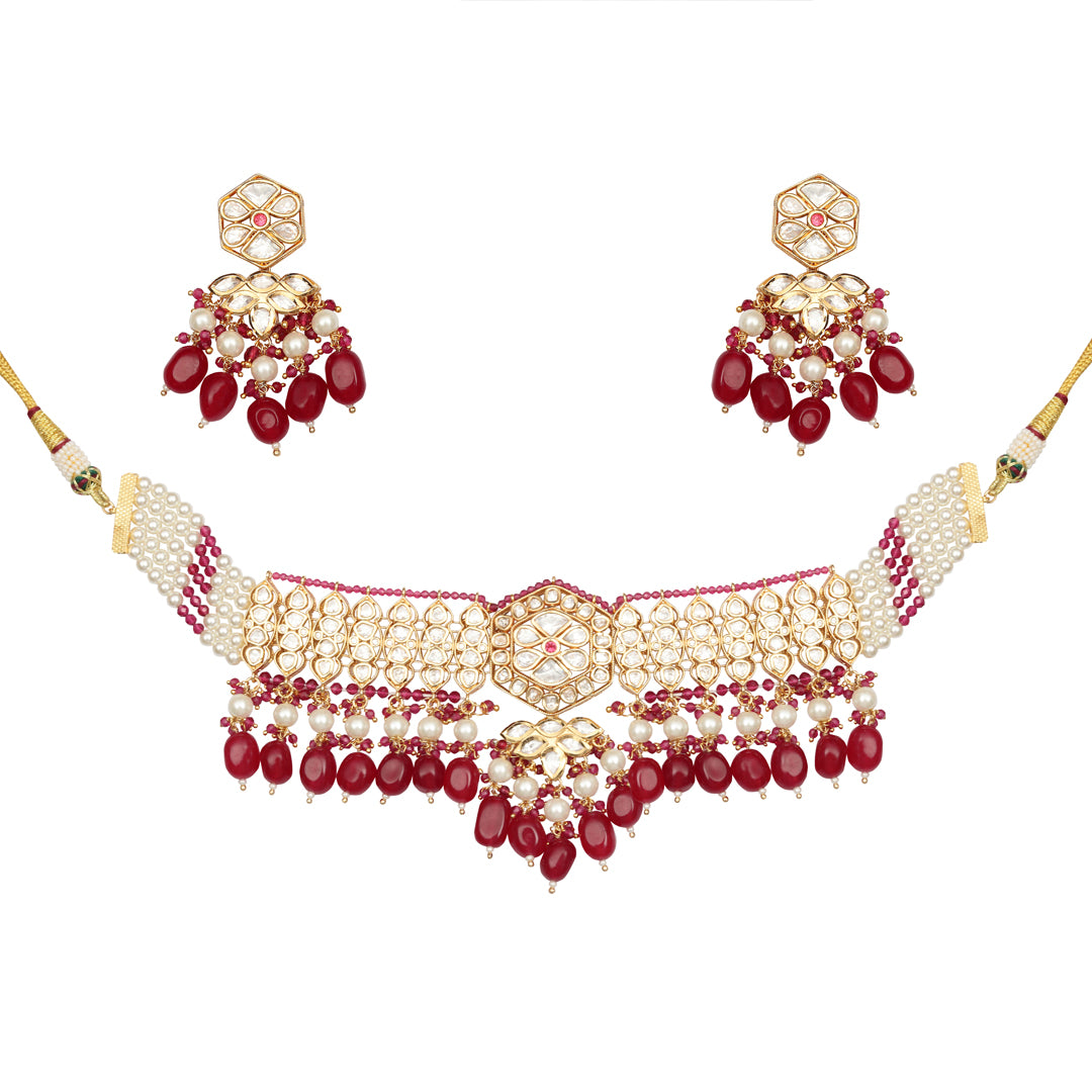 Kundan and Polki Choker set with Red & White beads.