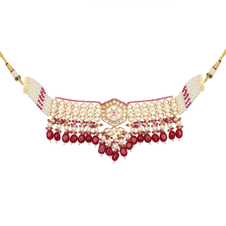 Kundan and Polki Choker set with Red & White beads.