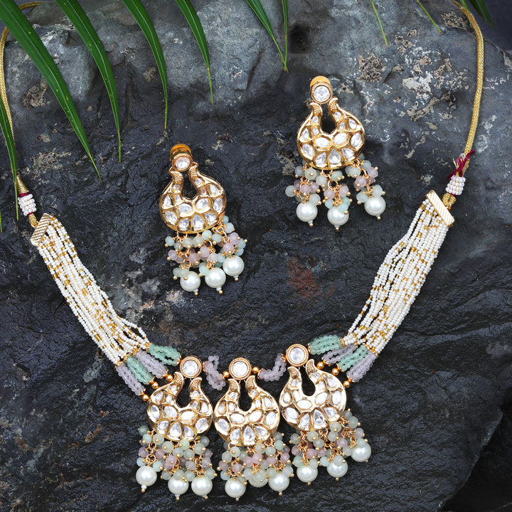 Kundan Chokar Set with Delicate White, Mint & Blush Pink Beads