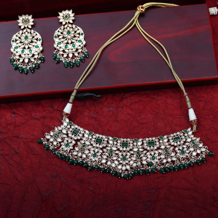 Gold Finished Kundan Polki Choker Set with Emerald Green Stones