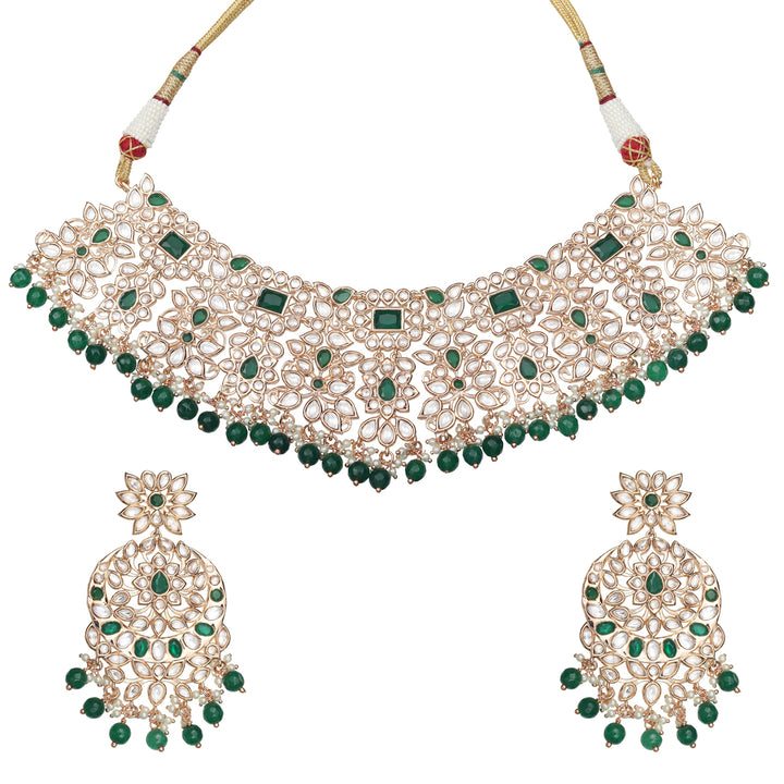 Gold Finished Kundan Polki Choker Set with Emerald Green Stones