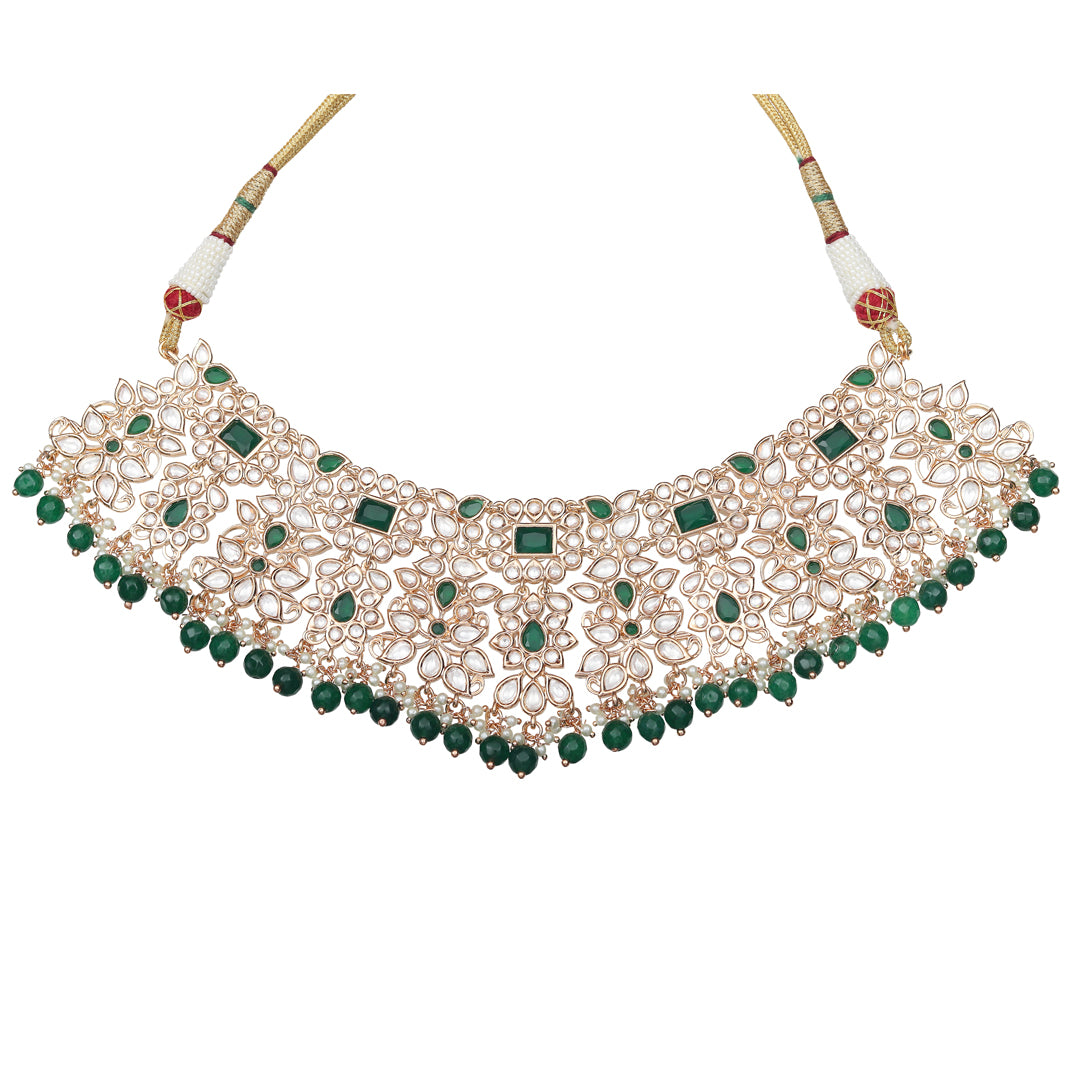 Gold Finished Kundan Polki Choker Set with Emerald Green Stones