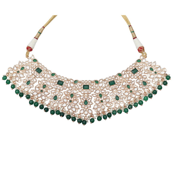 Gold Finished Kundan Polki Choker Set with Emerald Green Stones