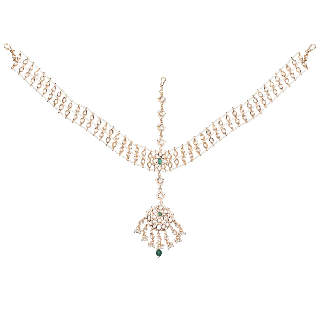 Gold Finished Kundan Polki Choker Set with Emerald Green Stones