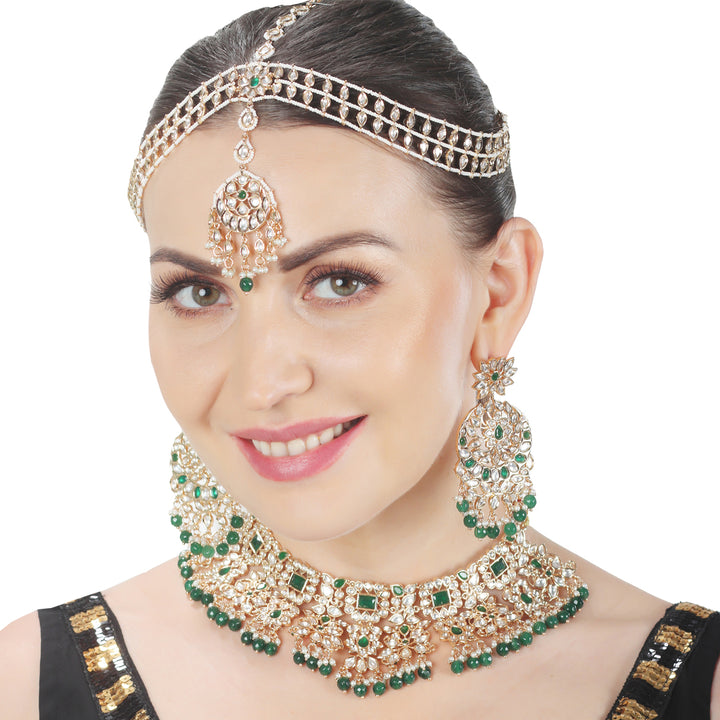 Gold Finished Kundan Polki Choker Set with Emerald Green Stones