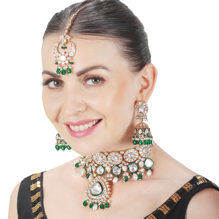 Kundan Polki Choker Set Embellished With Green Meenakari Work & Green & White Beads