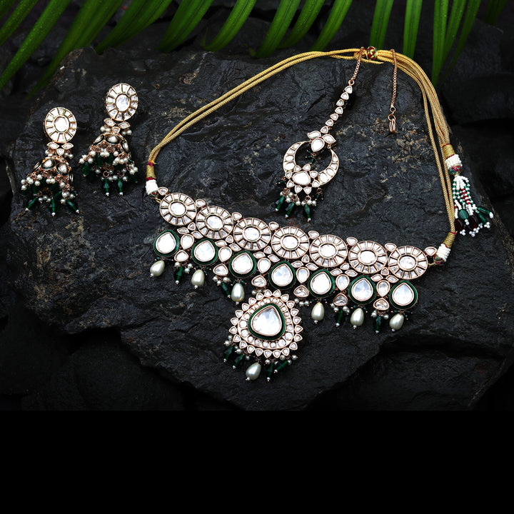 Kundan Polki Choker Set Embellished With Green Meenakari Work & Green & White Beads