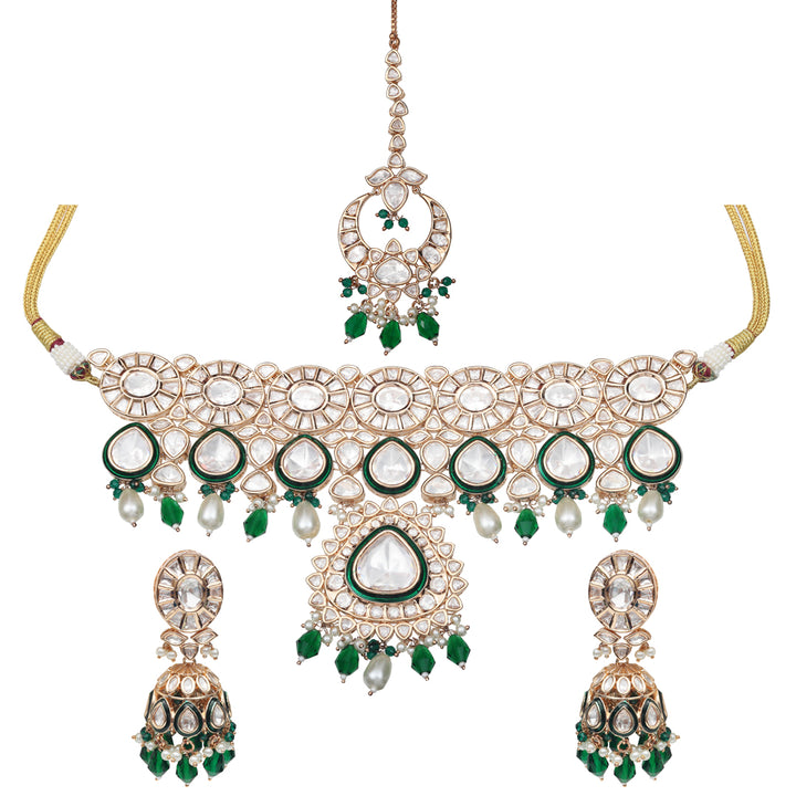 Kundan Polki Choker Set Embellished With Green Meenakari Work & Green & White Beads