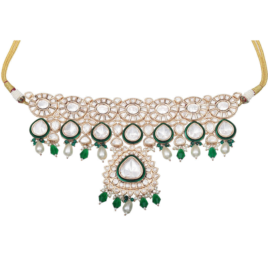 Kundan Polki Choker Set Embellished With Green Meenakari Work & Green & White Beads