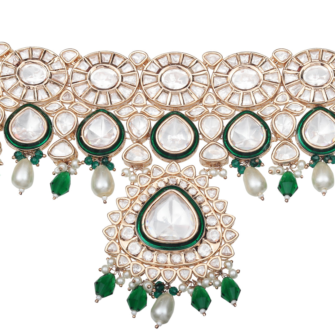 Kundan Polki Choker Set Embellished With Green Meenakari Work & Green & White Beads