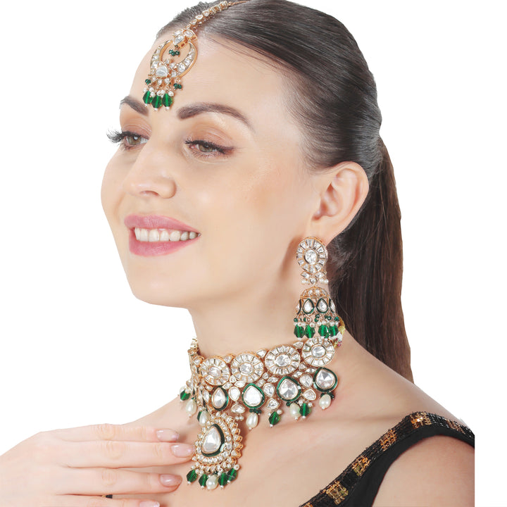 Kundan Polki Choker Set Embellished With Green Meenakari Work & Green & White Beads