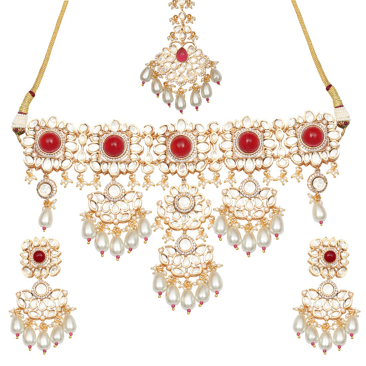 Gold finished Kundan Polki Choker set with matching Danglers and Mang Tikka