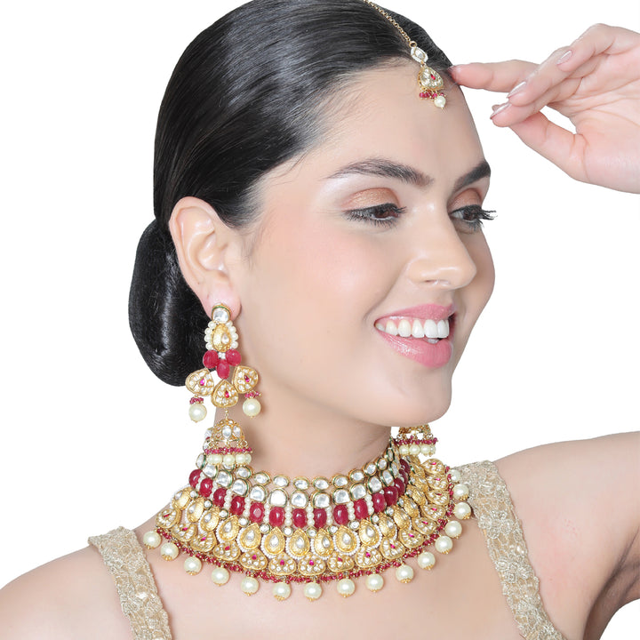 Gold finished Kundan and Polki Choker set with Red & White beads