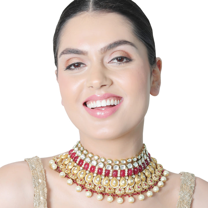 Gold finished Kundan and Polki Choker set with Red & White beads