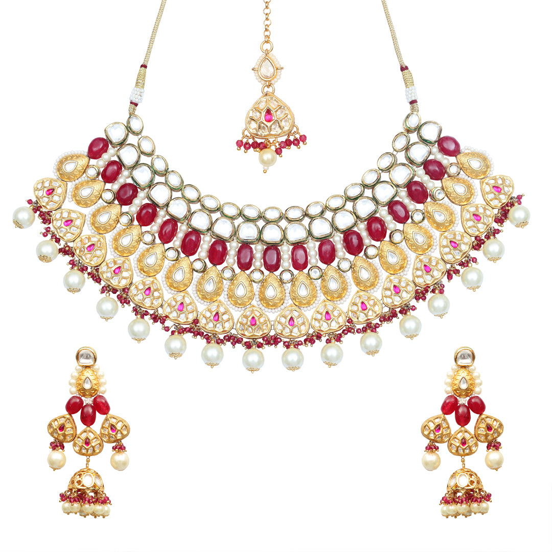 Gold finished Kundan and Polki Choker set with Red & White beads