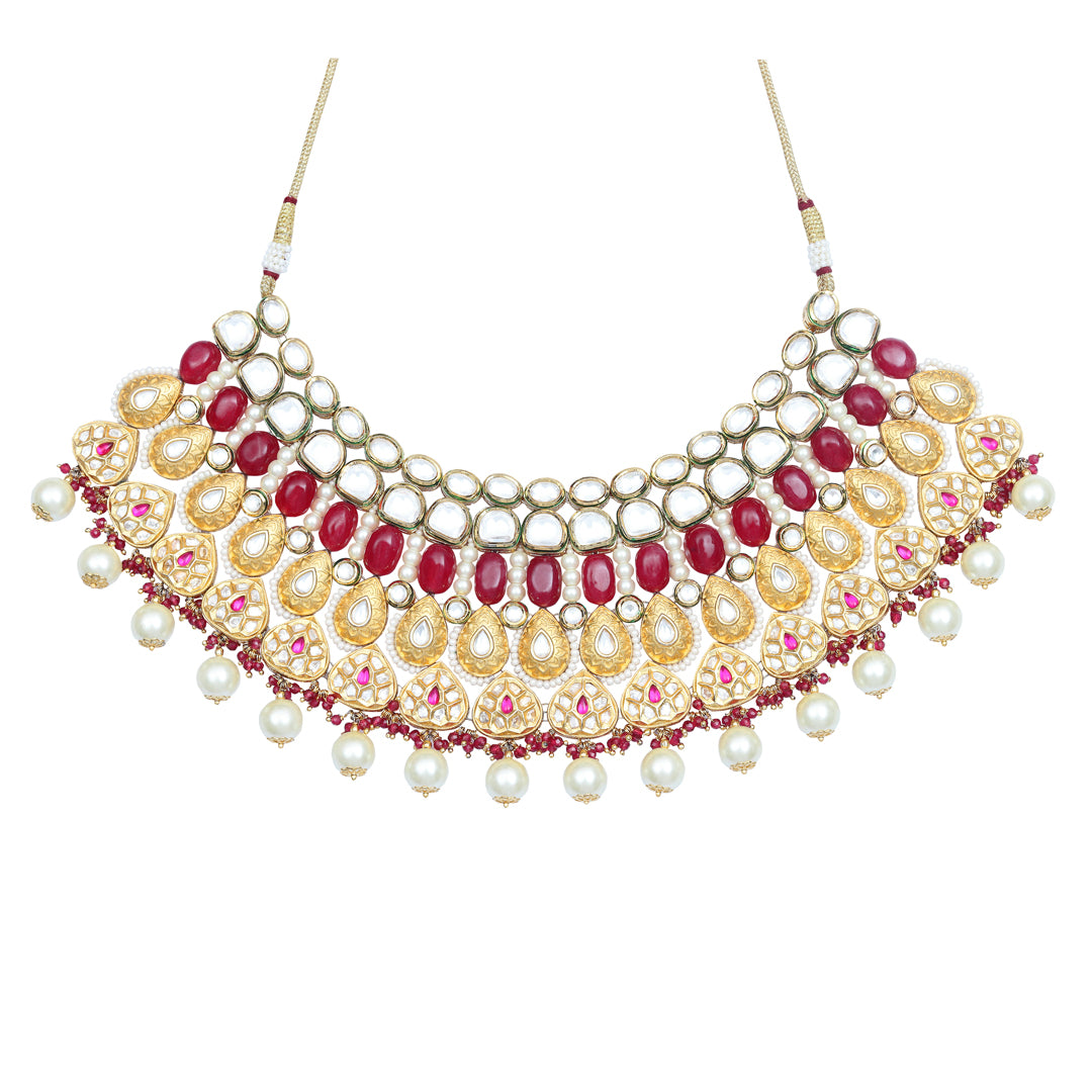 Gold finished Kundan and Polki Choker set with Red & White beads